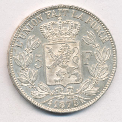 Бельгия 5 франков, 1875 (5 франков. Бельгия. 1875)