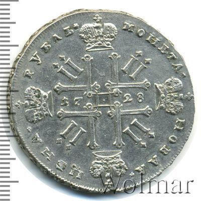 1 рубль 1728 г. Петр II. Портрет разделяет надпись. Красный тип (1 рубль 1728г. Ag. Петров - 3,5 рубля.)