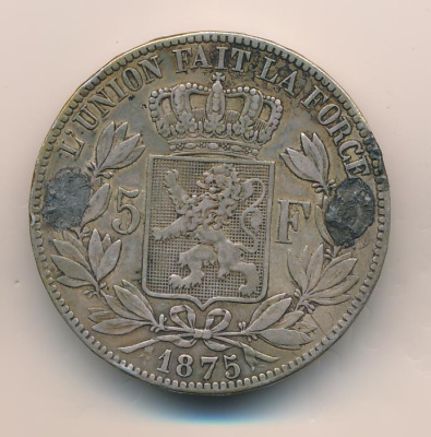 Бельгия 5 франков, 1875 (5 франков. Бельгия. 1875)