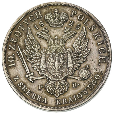 10 злотых 1825 г. IB. Для Польши (Александр I). (10 Zlotys 1825, Варшава, Plage 28, Bitkin 824 R1, небольшой удар по званию, редкий год, патина.)