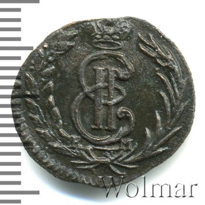 Полушка 1774 г. КМ. Сибирская монета (Екатерина II). Тиражная монета (Полушка. Сибирь 1774г. КМ. Cu. RR,  Ильин - 1 рубль,  Петров - 5 рублей)
