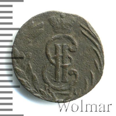 Полушка 1774 г. КМ. Сибирская монета (Екатерина II). Тиражная монета (Полушка. Сибирь 1774г. КМ. Cu. RR,  Ильин - 1 рубль,  Петров - 5 рублей)
