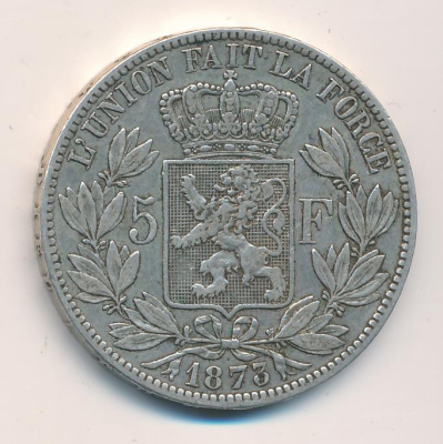 Бельгия 5 франков, 1875 (5 франков. Бельгия 1875)