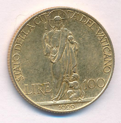 Ватикан 100 лир, 1929 (100 лир. Ватикан. М-8,79г 1929)