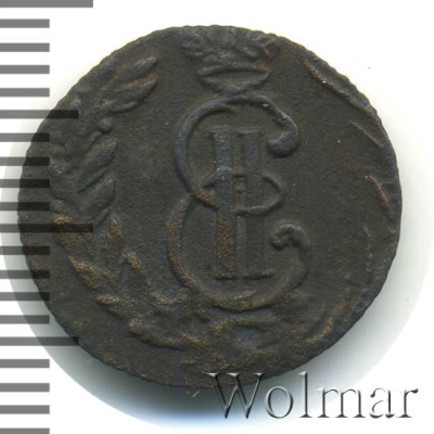 Полушка 1774 г. КМ. Сибирская монета (Екатерина II). Тиражная монета (Полушка. Сибирь 1774г. КМ. Cu. RR, Ильин - 1 рубль,  Петров - 5 рублей)