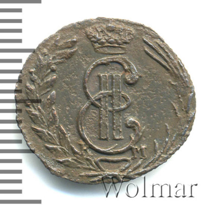 Полушка 1774 г. КМ. Сибирская монета (Екатерина II). Тиражная монета (Полушка. Сибирь 1774г. КМ. Cu. RR, Ильин - 1 рубль,  Петров - 5 рублей)