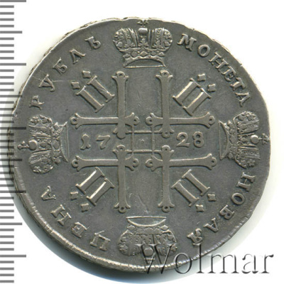 1 рубль 1728 г. Петр II. Cо звездой на груди. "IМПЕРАТОЬ" (1 рубль 1728г. Ag. RR, Ильин - 6 рубля.)