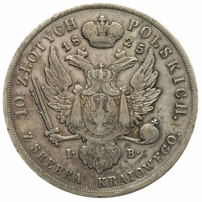 10 злотых 1825 г. IB. Для Польши (Александр I). (10 Zlotys 1825, Варшава, 30,84 г, Plage 28 R1, Bitkin 824 R1, очень редкий год, деликатная патина.)