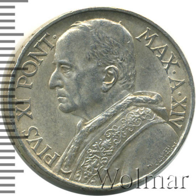 Ватикан 10 лир, 1935 (10 лир. Ватикан 1935г. Ag.)