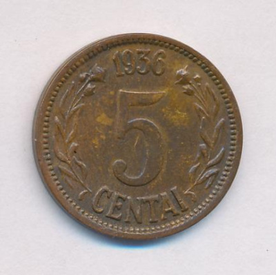 Литва 5 центов, 1936 (5 центов. Литва. 1936)