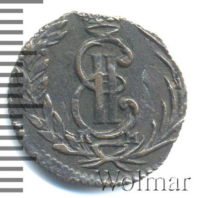 Полушка 1774 г. КМ. Сибирская монета (Екатерина II). Тиражная монета (Полушка. Сибирь 1774г. КМ. Cu. RR, Ильин - 1 рубль,  Петров - 5 рублей)