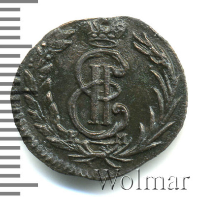 Полушка 1774 г. КМ. Сибирская монета (Екатерина II). Тиражная монета (Полушка. Сибирь 1774г. КМ. Cu. RR, Ильин - 1 рубль,  Петров - 5 рублей)