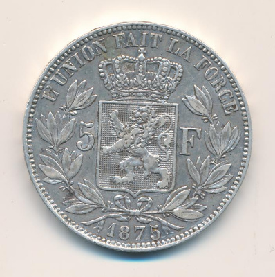 Бельгия 5 франков, 1875 (5 франков. Бельгия 1875)