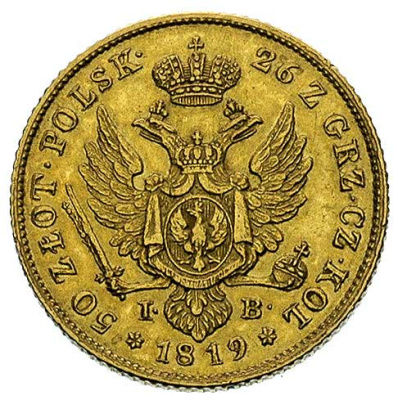 50 злотых 1819 г. IB. Для Польши (Александр I). Малая голова (50 Zlotys 1819, Warsaw, Plage 4, Bitkin 807, fr.107, золото 9,78 г.)