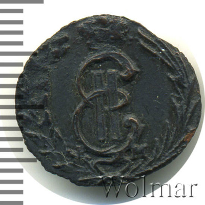 Полушка 1774 г. КМ. Сибирская монета (Екатерина II). Тиражная монета (Полушка. Сибирь 1774г. КМ. Cu. RR, Ильин - 1 рубль,  Петров - 5 рублей)