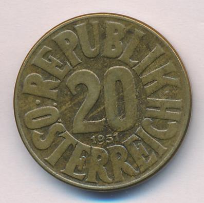 Австрия 20 грошей, 1951 (20  грошей. Австрия 1951)