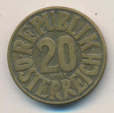 Австрия 20 грошей, 1951 (20 грошей. Австрия 1951)