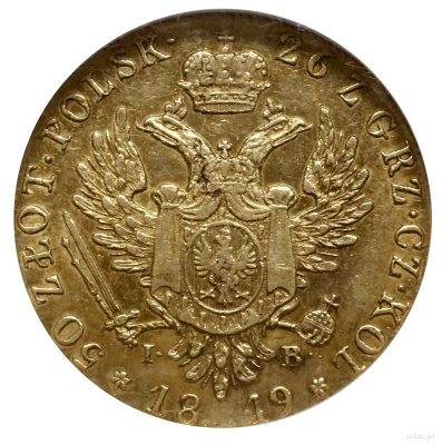 50 злотых 1819 г. IB. Для Польши (Александр I). Большая голова (50 Zlotys, 1819, Варшава.)